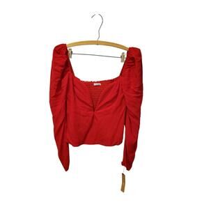 Reformation Womens Red Roma Plunge Top Smocked Back Long Sleeve Size 6 Coquette